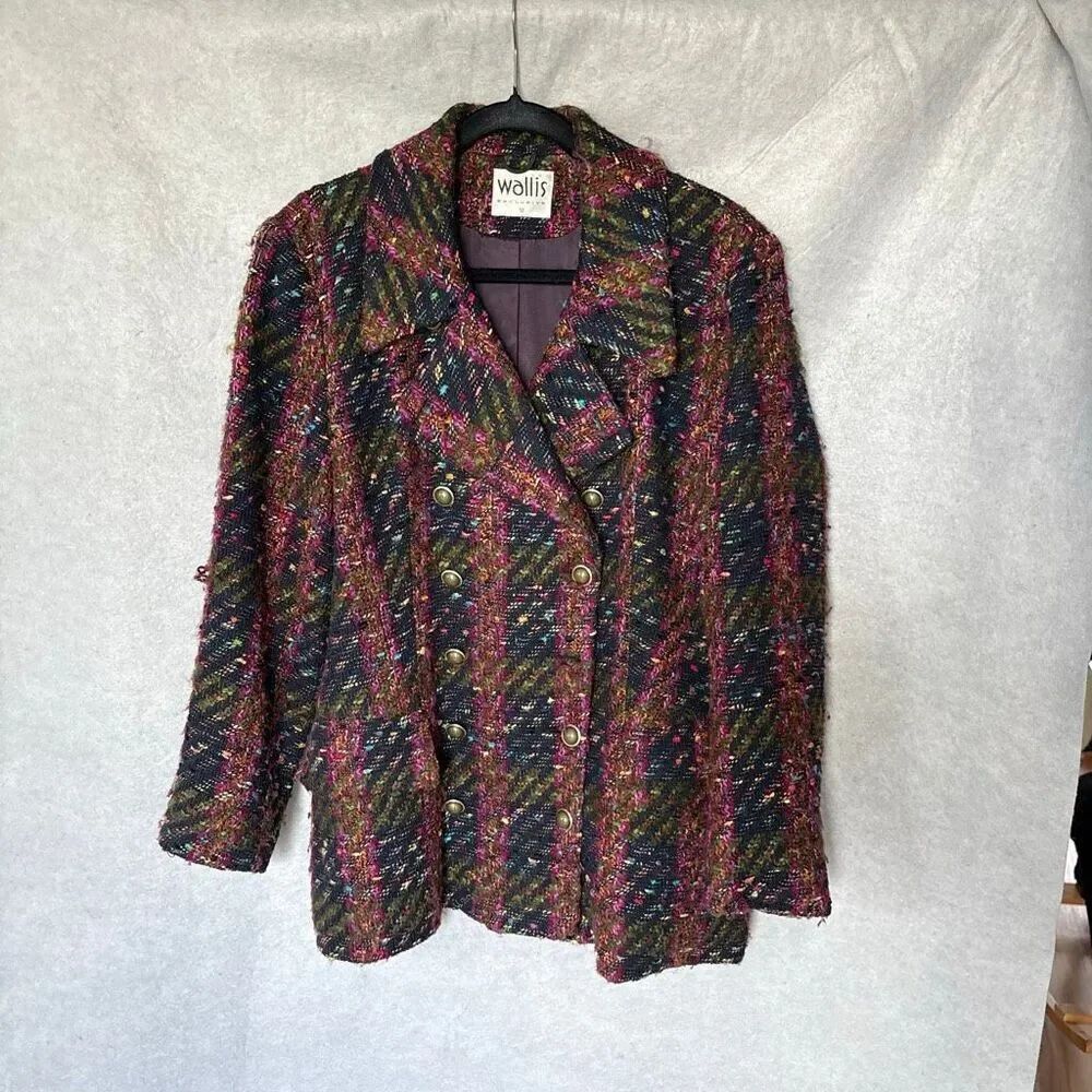 Vintage 1980s Wallis Multicolor Wool Blend Double Breasted Tweed Blazer Jacket
